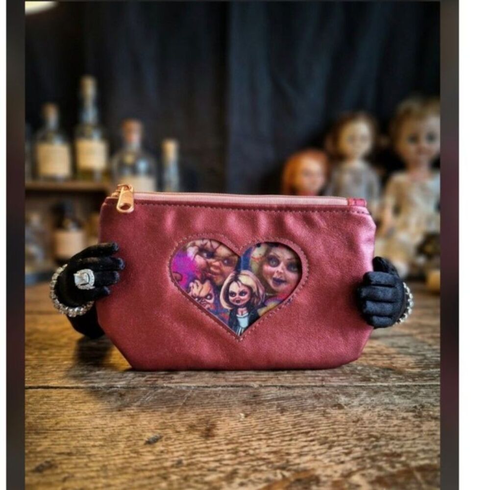 Handcrafted Heart Cutout Zippered Pouch - Spooky Chucky and Tiffany Horror Theme